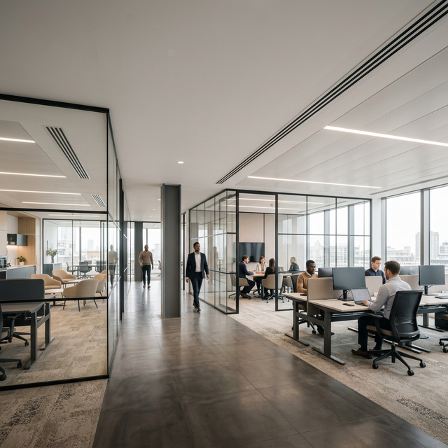 Divisórias de vidro e gesso para ambientes corporativos modernos.